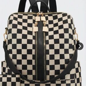 Checkerboard Canvas Backpack - Black and Cream with cherry charm and bunny